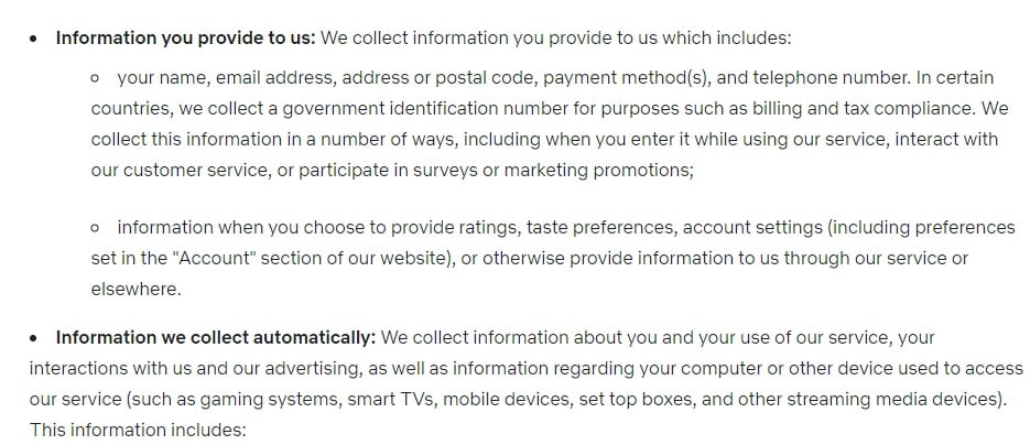 Netflix Privacy Statement: Excerpt of Collection of Information clause