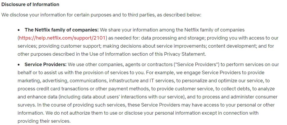 Netflix Privacy Statement: Excerpt of Disclosure of Information clause