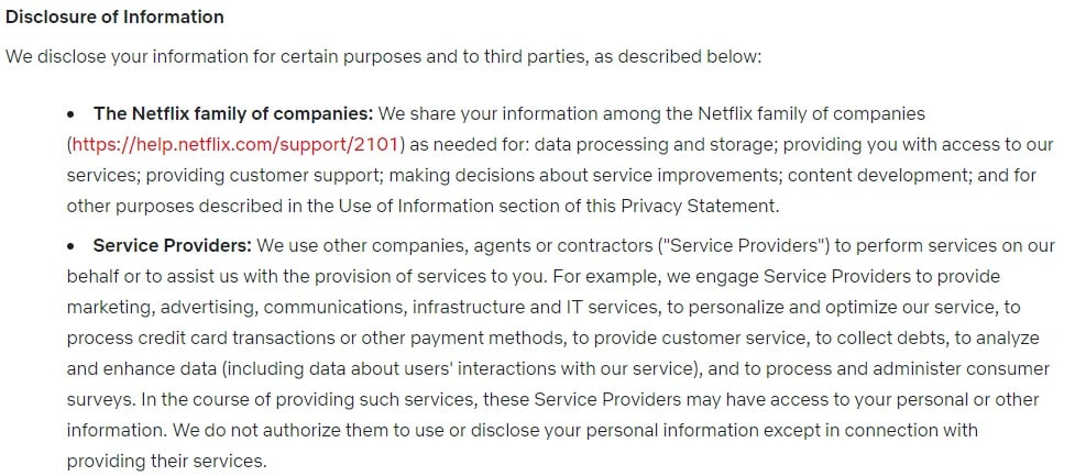 Netflix Privacy Statement: Excerpt of Disclosure of Information clause