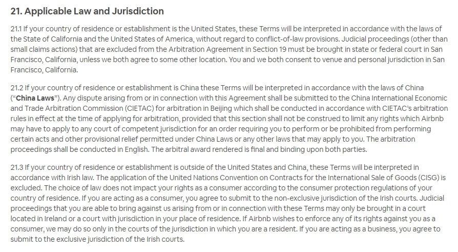 Airbnb Terms of Service: Applicable Law and Jurisdiction clause