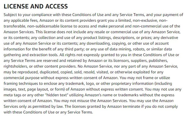 Amazon Conditions of Use: License and Access clause