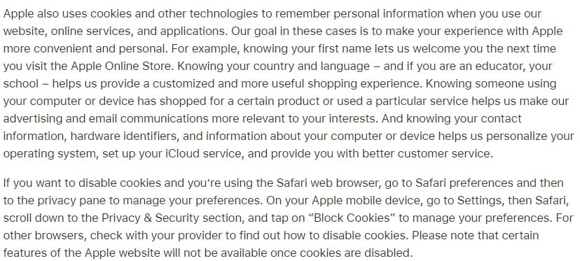 Apple Privacy Policy: Cookies clause excerpt - Disable and opt-out section