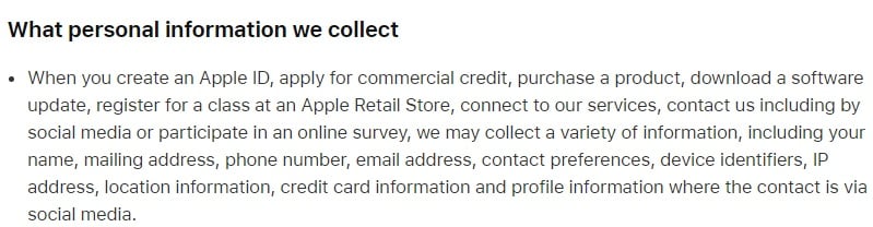 Apple Privacy Policy: What Personal Information We Collect clause excerpt