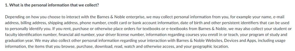 Barnes and Noble Privacy Policy: What Personal Information we Collect clause