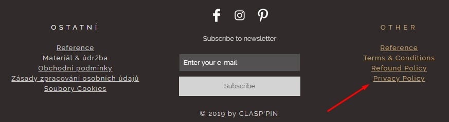 Clasppin website footer with Privacy Policy link highlighted