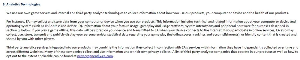 EA Privacy and Cookie Policy: Analytics Technologies clause