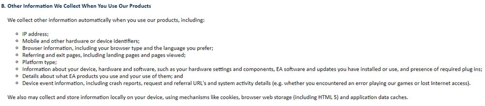 EA Privacy and Cookie Policy: Other Information We Collect When You Use Our Products clause