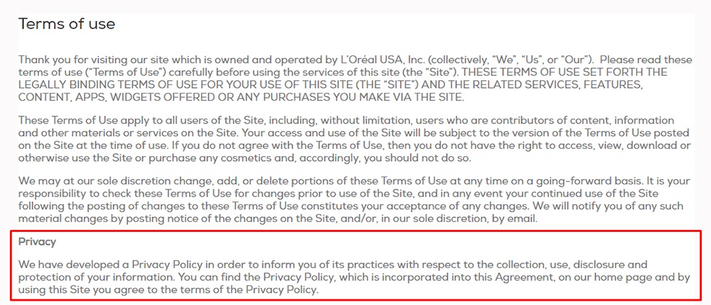 Essie Terms of Use: Intro with Privacy clause highlighted