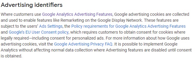 Google Analytics Help: Safeguarding Data - Advertising Identifiers section