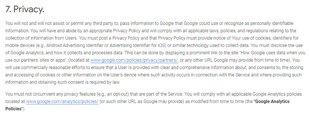 Google Analytics Terms of Service: Privacy clause excerpt