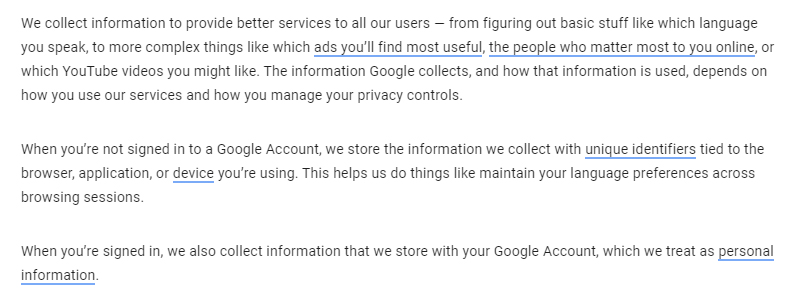 Google Privacy Policy: Information collected clause excerpt