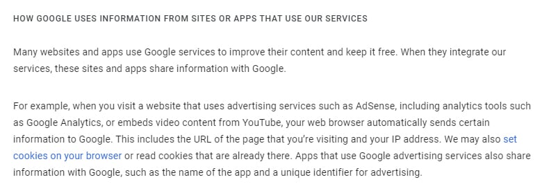 Google Privacy and Terms: How Google Uses Information from Sites or Apps that Use Our Services clause excerpt