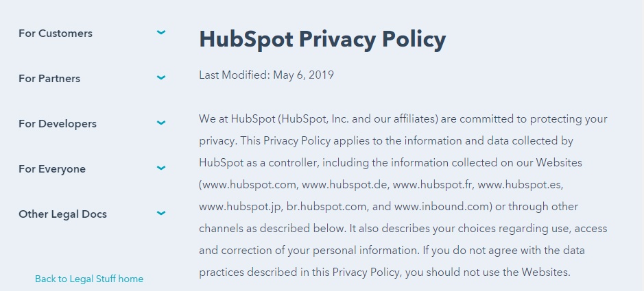 HubSpot Privacy Policy: Intro and customer list