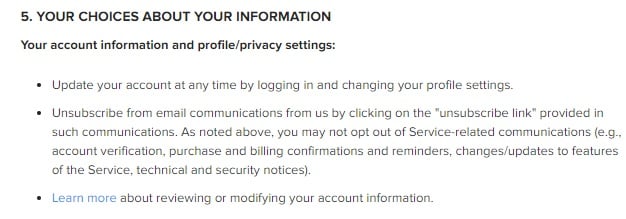 Instagram Privacy Policy: Excerpt of Your Choices About Your Information clause