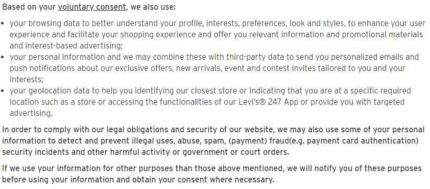 Levis Privacy Policy: How we use your information clause - voluntary consent section