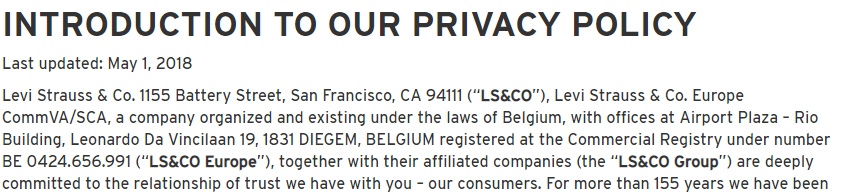 Levis Privacy Policy: Introduction clause with contact information