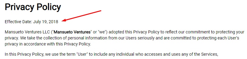 Mansueto Ventures Privacy Policy: Effective Date highlighted