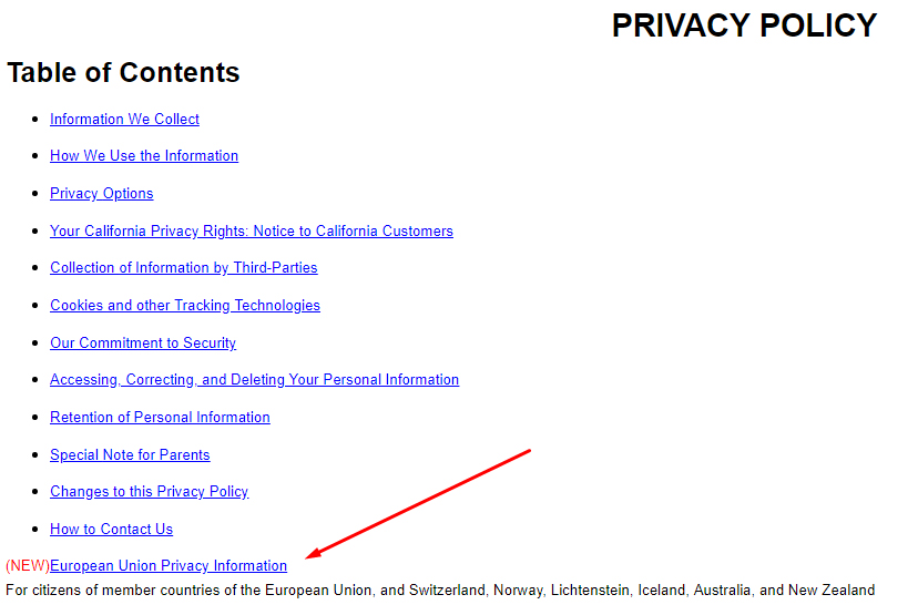 Meredith Privacy Policy Table of Contents: EU information section highlighted