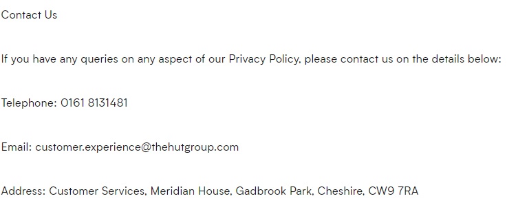 MyProtein Privacy Policy: Contact Us clause