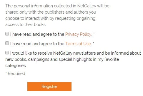 NetGalley Register form with checkboxes