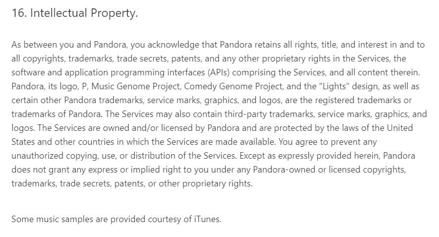 Pandora Services Terms of Use: Intellectual Property clause