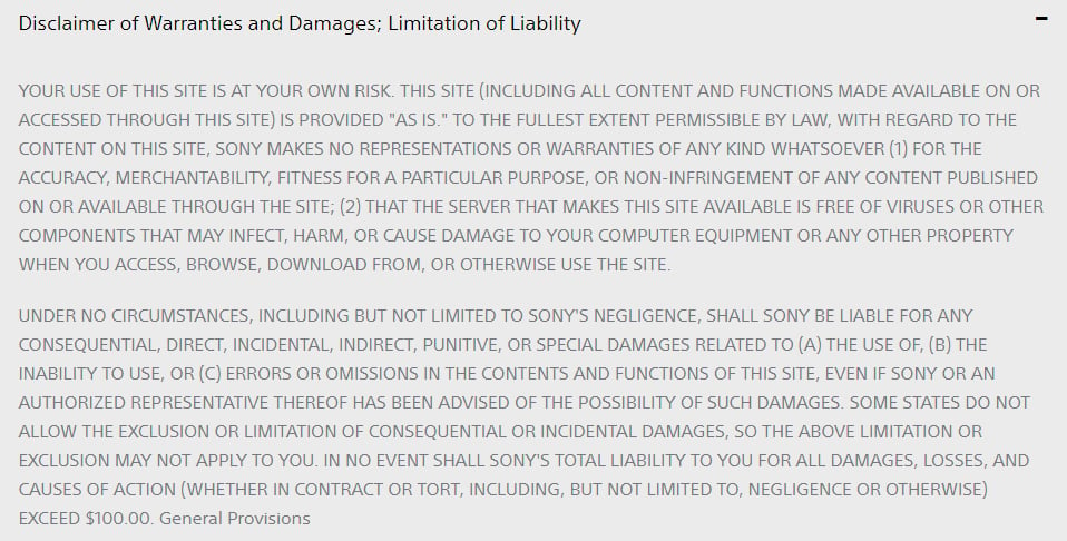 Sony Terms and Conditions: Disclaimer of Warranties and Damages, Limitation of Liability clause excerpt