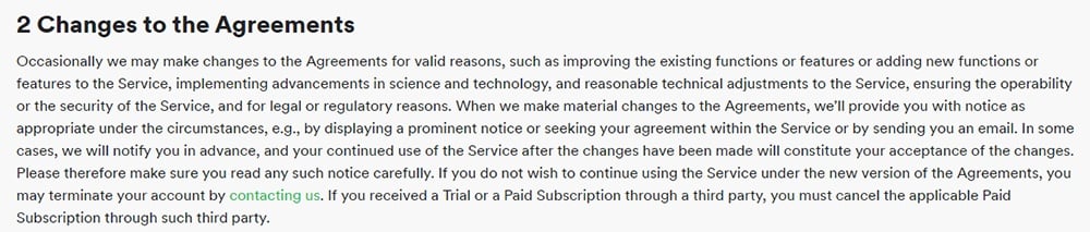 Spotify Terms and Conditions of Use: Changes to the Agreements clause