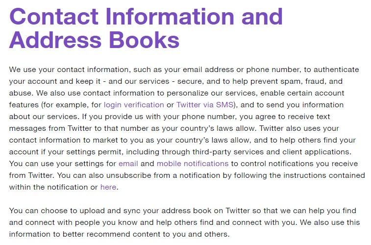 Twitter Privacy Policy: Contact Information and Address Books clause excerpt