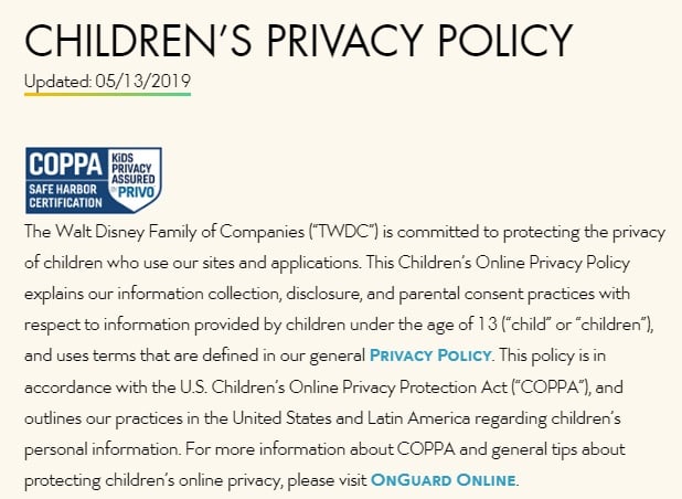 Walt Disney Childrens Privacy Policy: Intro section