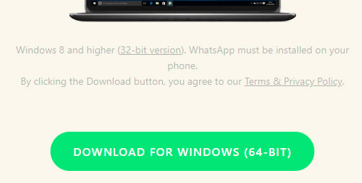 WhatsApp download screen with with link to Terms and Privacy Policy