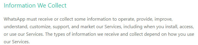 WhatsApp Privacy Policy: Intro of Information We Collect clause