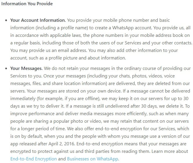 WhatsApp Privacy Policy: Excerpt of Information You Provide clause