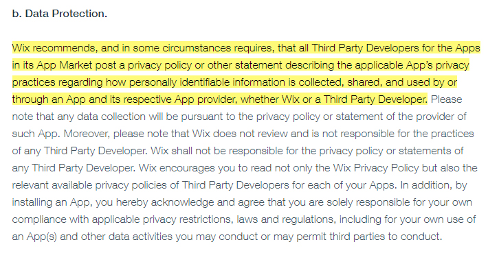 Wix App Market Terms of Use: Data Protection clause