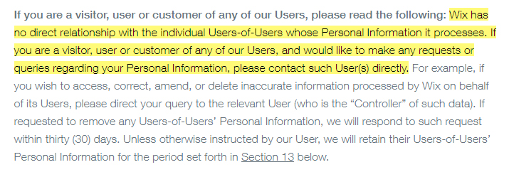 Wix Privacy Policy: No direct relationship to users clause excerpt