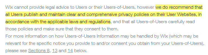 Wix Privacy Policy: Recommend that users publish and maintain a Privacy Policy clause excerpt