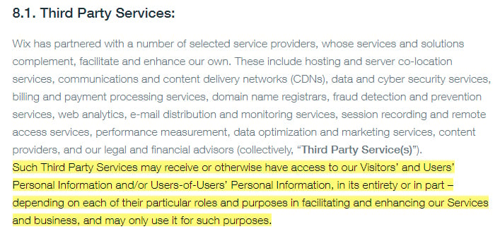 Wix Privacy Policy: Third Party Services clause excerpt