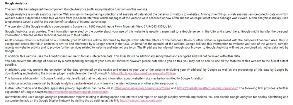 Womens Best Privacy Policy: Google Analytics clause