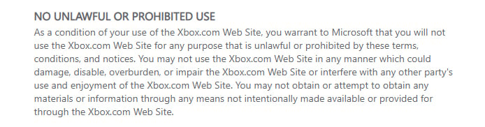 Xbox Terms of Use: No Unlawful or Prohibited Use clause