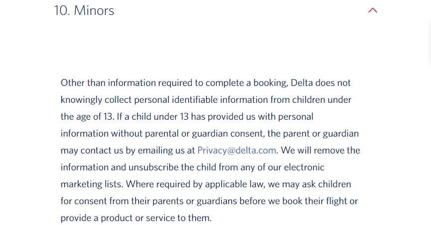Delta Privacy Policy: Minors clause