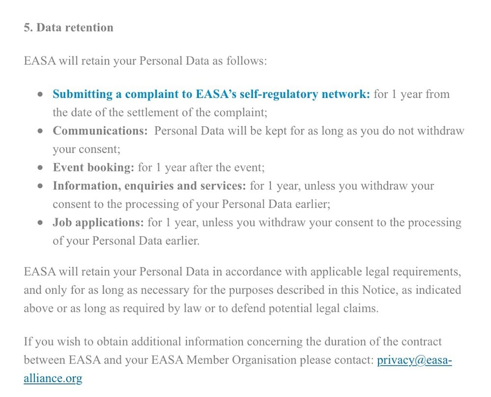 EASA Privacy Policy: Data Retention clause