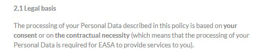 EASA Privacy Policy: Excerpt of Legal Basis clause