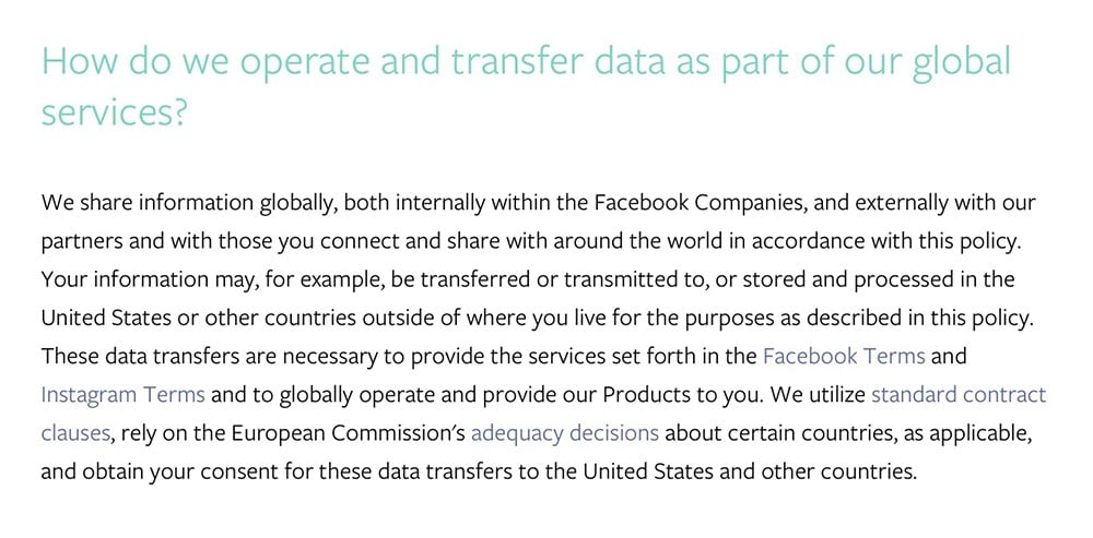 Facebook Data Policy: International data transfer clause