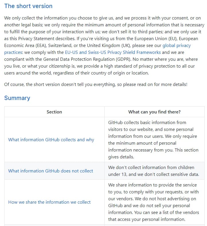 GitHub Privacy Statement: Summary section excerpt