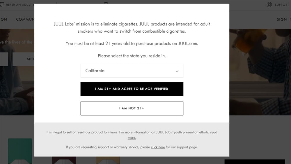 JUUL age verification pop-up