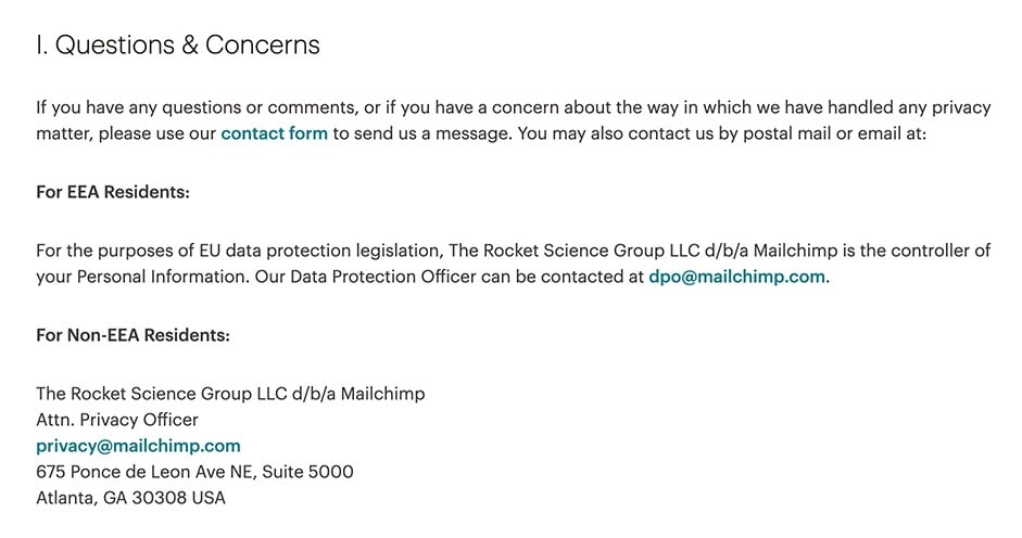 Mailchimp Privacy Policy: Questions and Concerns clause with contact information