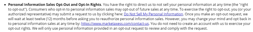 MarketAxess Privacy Policy: Personal Information Sales Opt-Out and Opt-in Rights clause