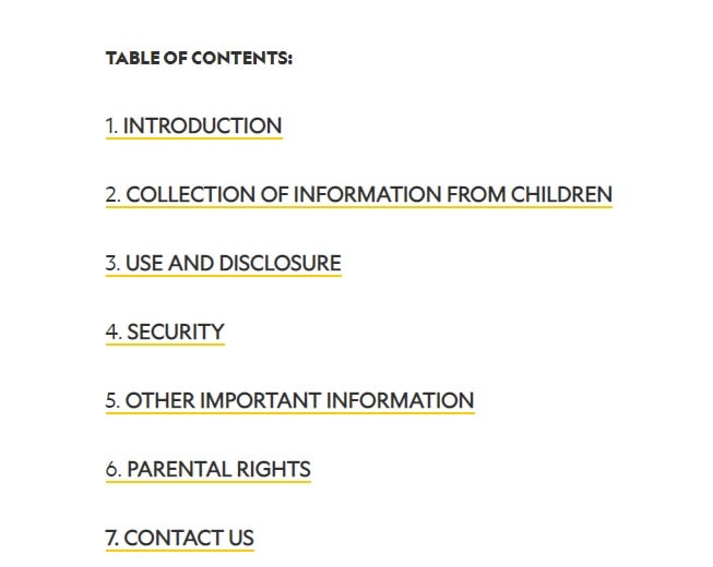 National Geographic Kids Privacy Policy: Table of Contents