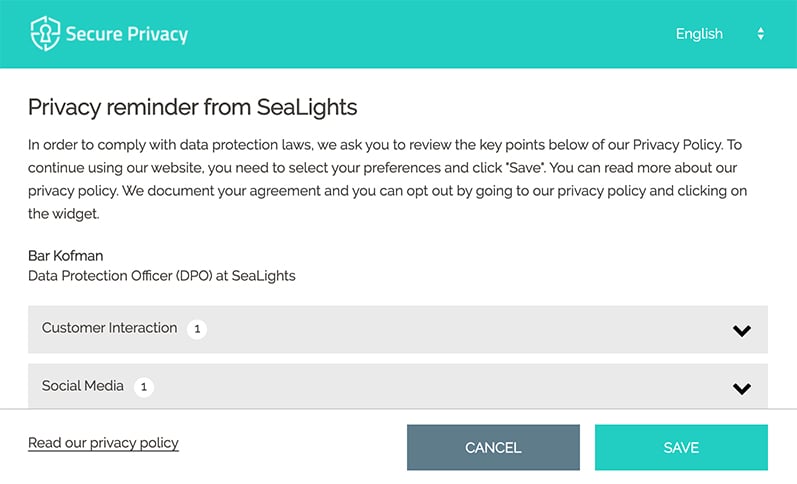 SeaLights Privacy Reminder pop-up screen