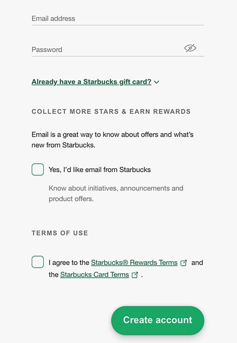 Starbucks Create Account form with checkboxes and email consent