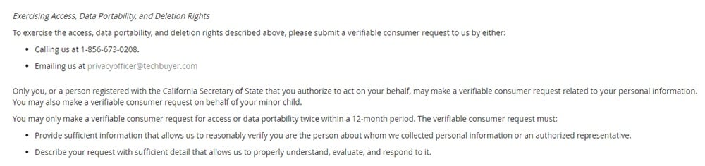 Techbuyer CCPA Privacy Notice: Exercising Access, Data Portability and Deletion Rights clause